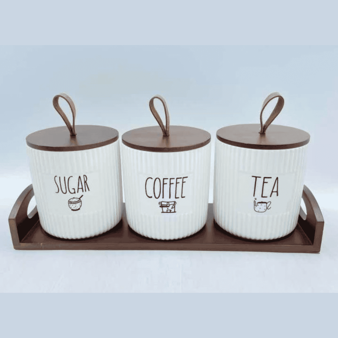 3pcs Set Ceramic Canisters with Bamboo Tray