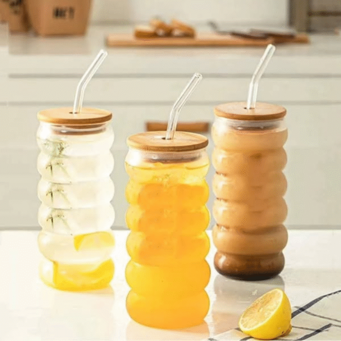 Borosilicate Ripple Wave Glass Cup with Bamboo Lid