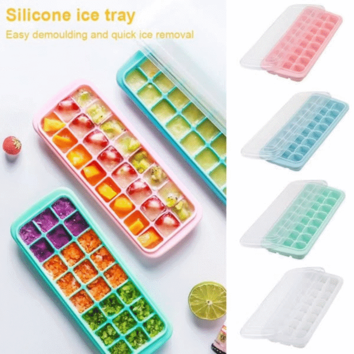 Multi-Colored 24 Grid Silicone Ice Cube Tray with Lid