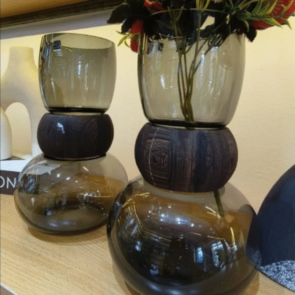 Dark Glass Vase with Wooden Ring
