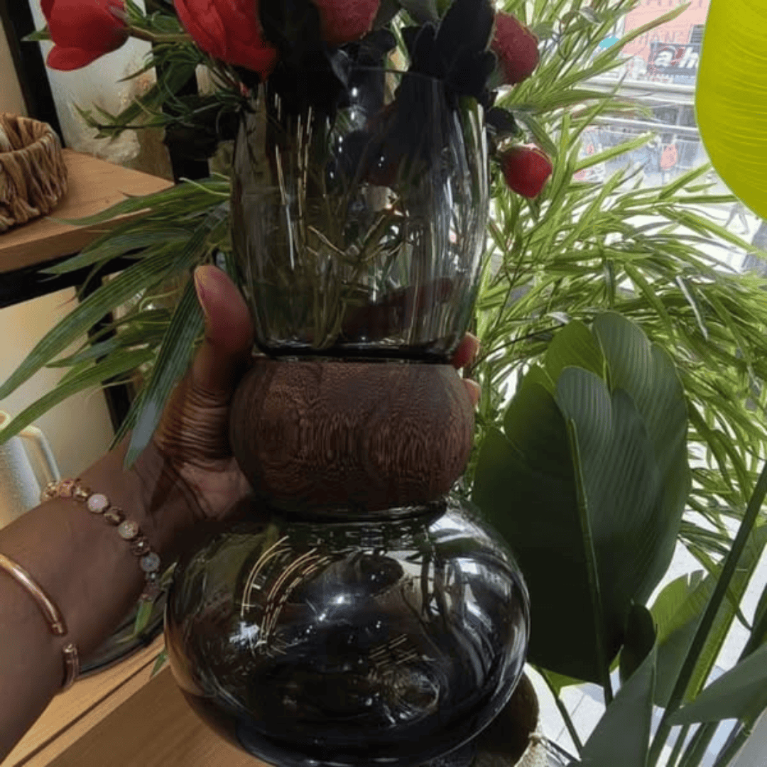 Dark Glass Vase with Wooden Ring