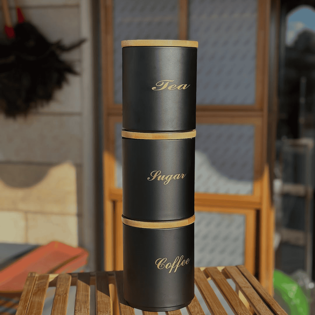 Tea Coffee and Sugar Canister Alloy Set with Bamboo Lid