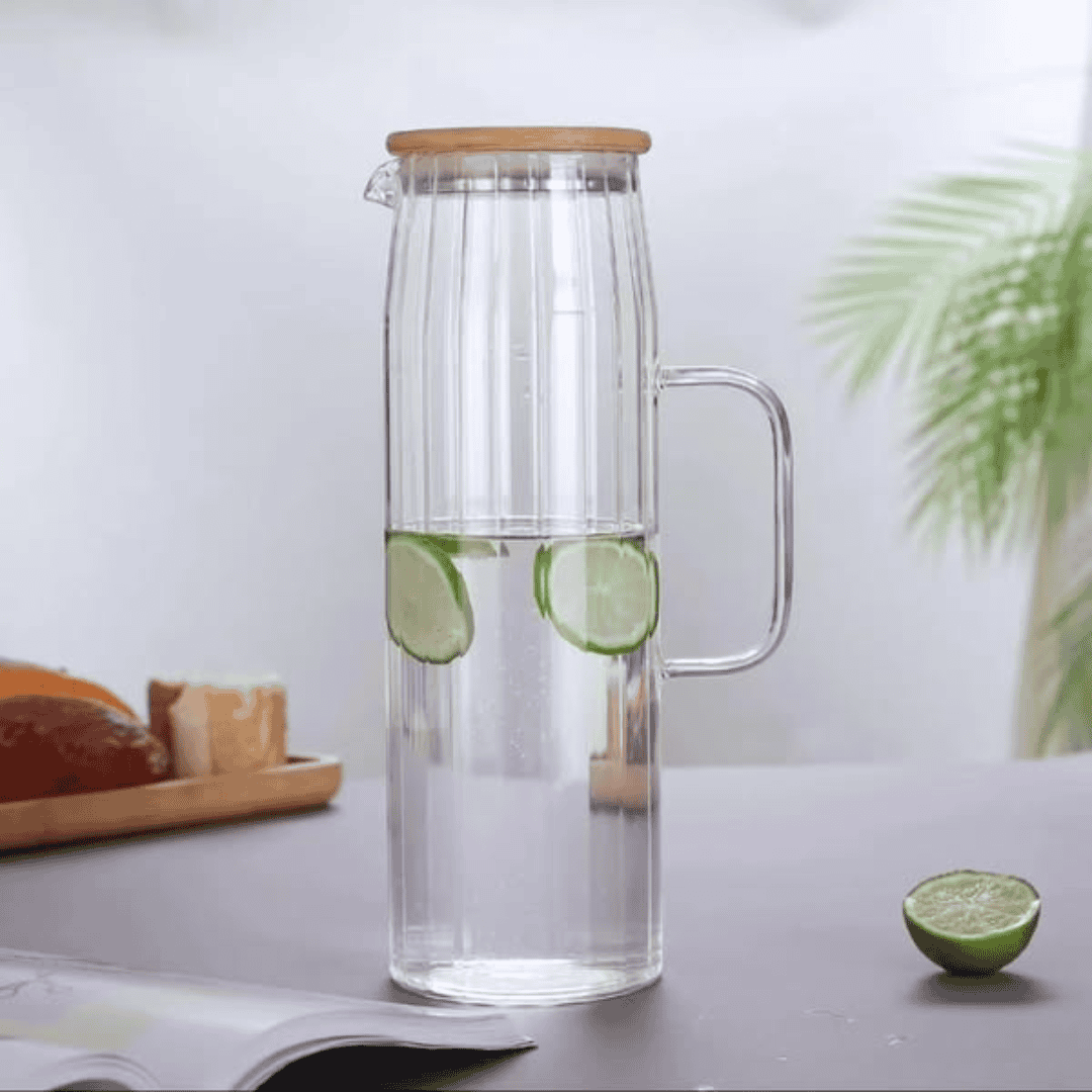 Ribbed High Borosilicate Glass Jug with Bamboo Lid