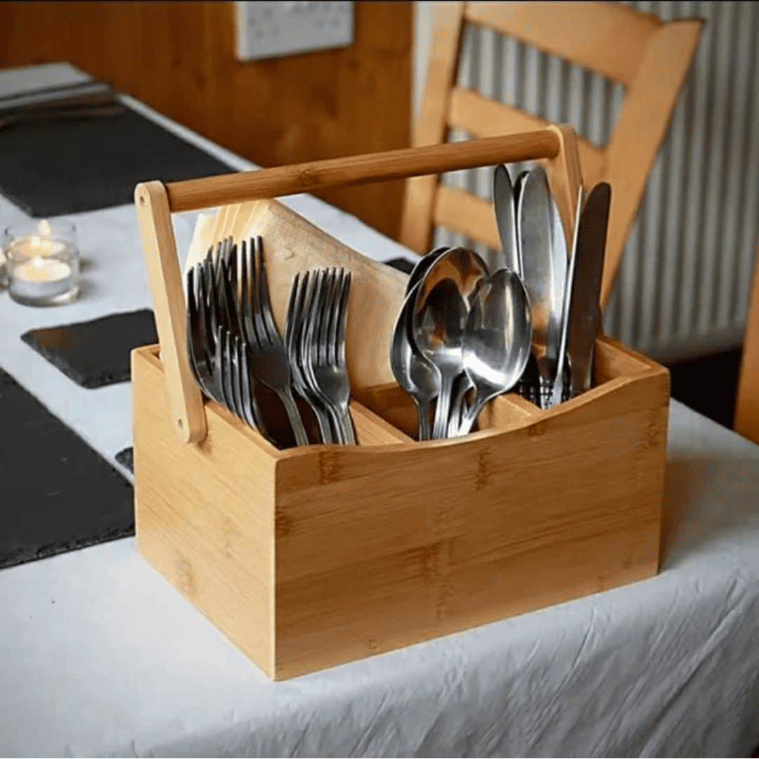 Portable Countertop Bamboo Cutlery Organizer with Handle