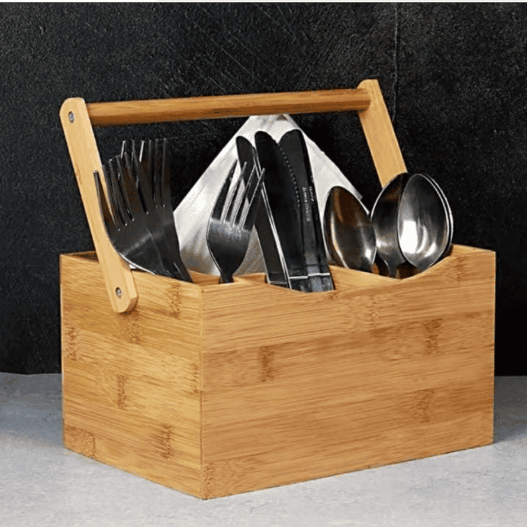 Portable Countertop Bamboo Cutlery Organizer with Handle