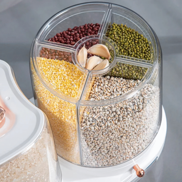 Rotatable Grain Storage Box with Compartments