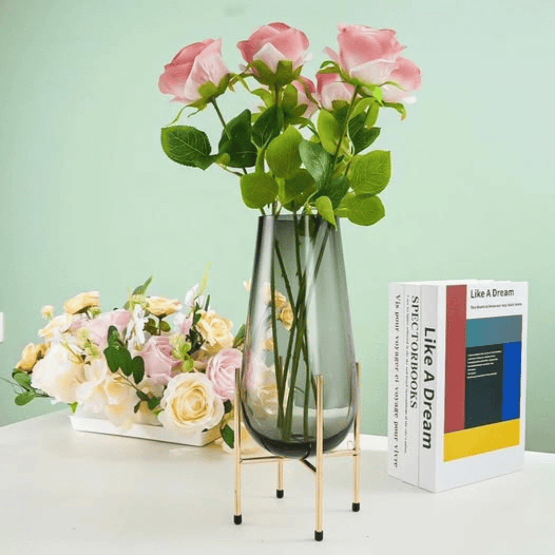 Dark Glass Vase with Gold Stand