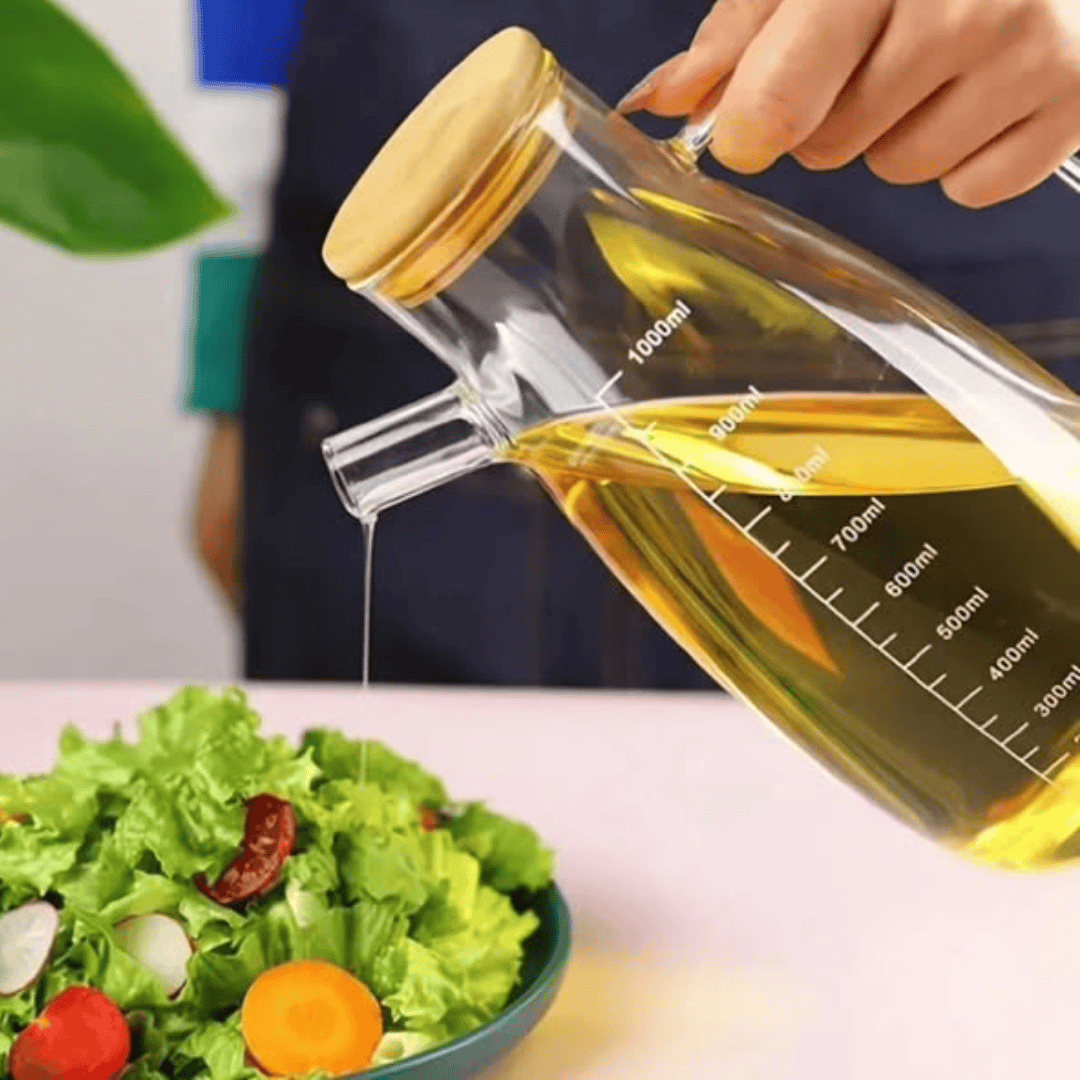 1L Glass Oil Dispenser with Handle and Bamboo Lid