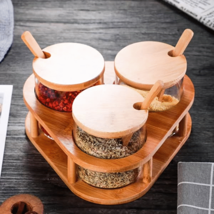 3 Pcs Glass Spice Containers with Bamboo Holder