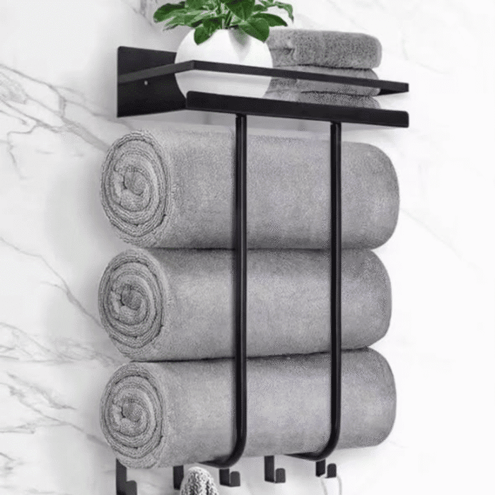 Bathroom Towel Holder with Metal Shelf and 5 Hooks