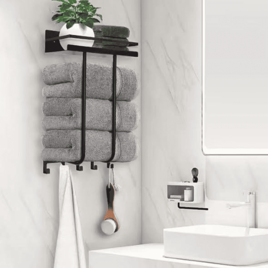 Bathroom Towel Holder with Metal Shelf and 5 Hooks