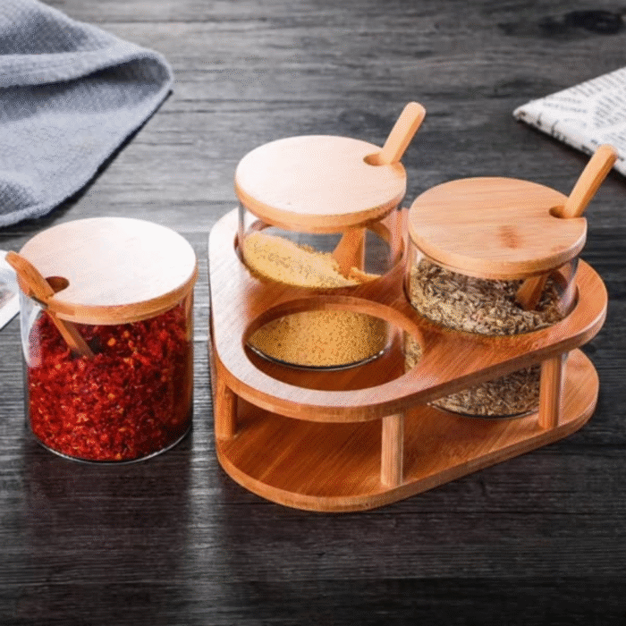3 Pcs Glass Spice Containers with Bamboo Holder