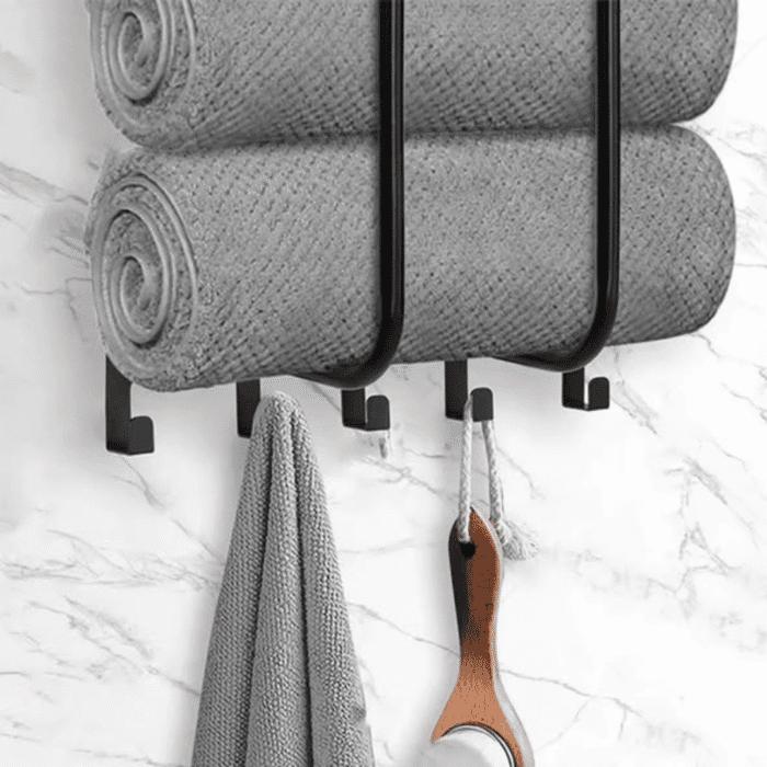 Bathroom Towel Holder with Metal Shelf and 5 Hooks
