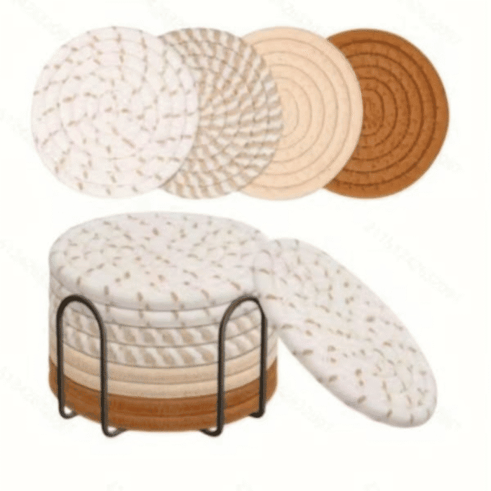 8pcs Rattan Coasters with Metallic Holder