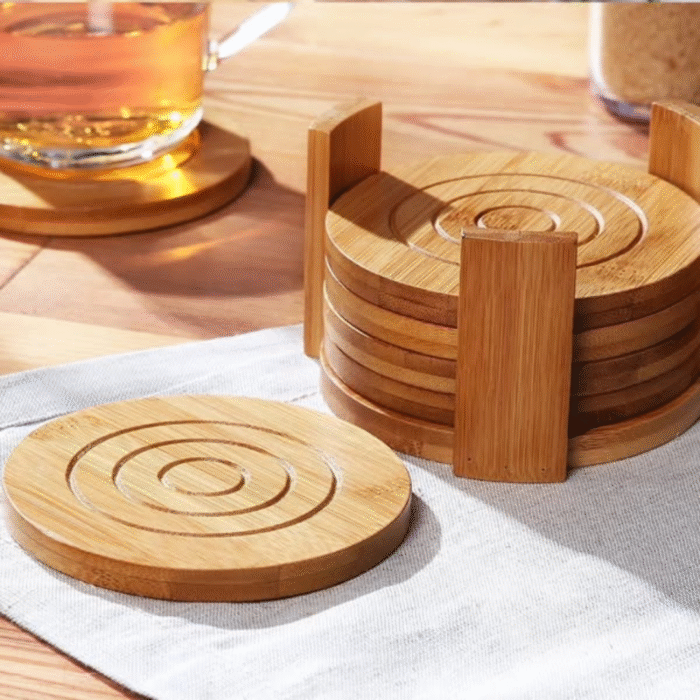 6Pcs Round Bamboo Coaster Set