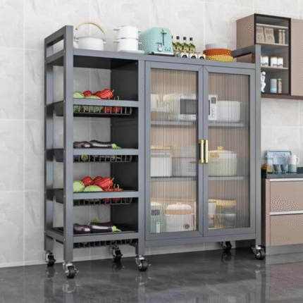 Multi-Functional Kitchen Storage Rack with Visible Doors and Metal Handles