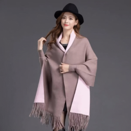 Plain Double Sided Long Sleeve Ponchos Shawls with Tassels