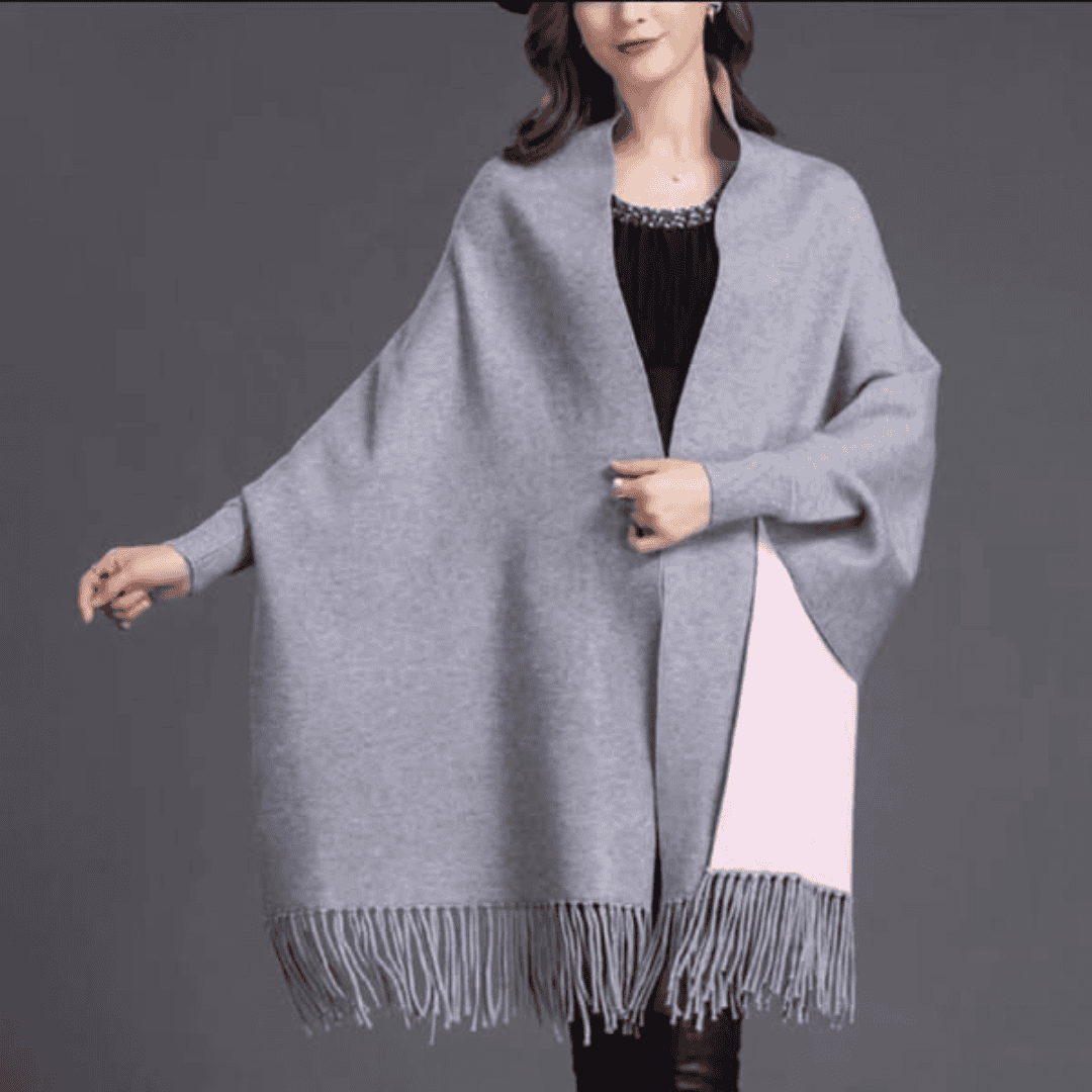 Plain Double Sided Long Sleeve Ponchos Shawls with Tassels