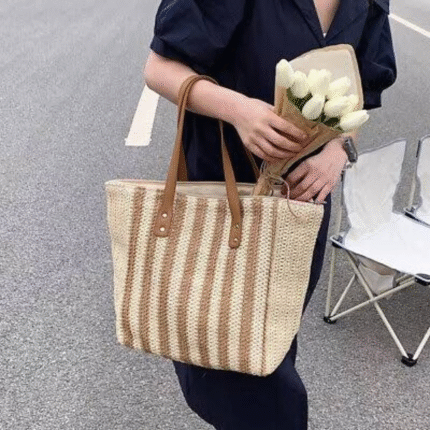 Striped Pattern Double Handle Straw Bag