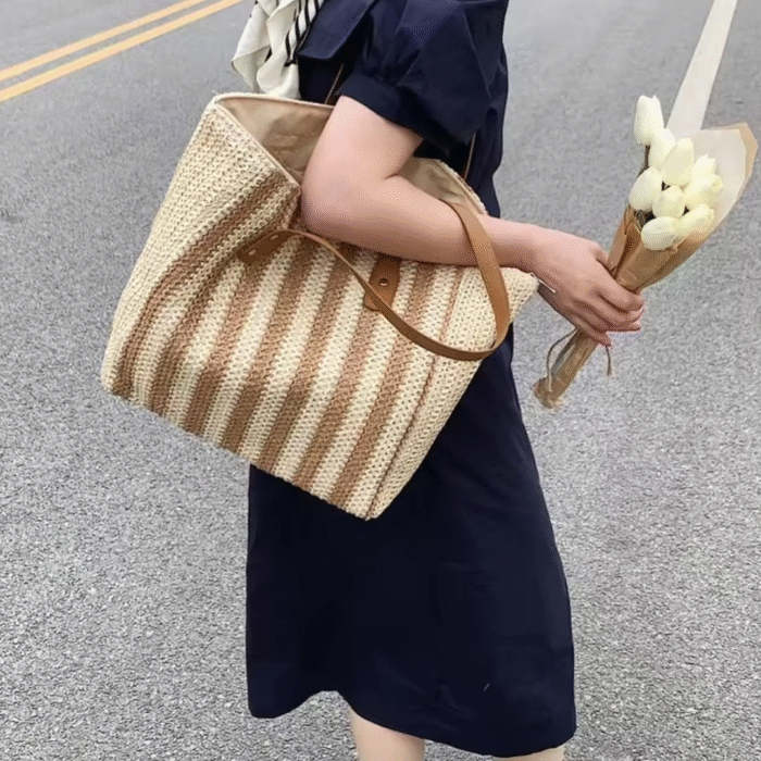 Striped Pattern Double Handle Straw Bag