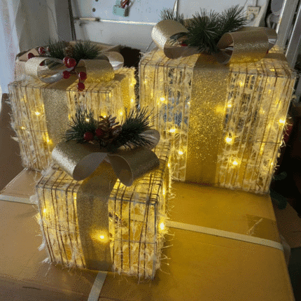 3pcs Snow Flocked Lighted Gift Box Set