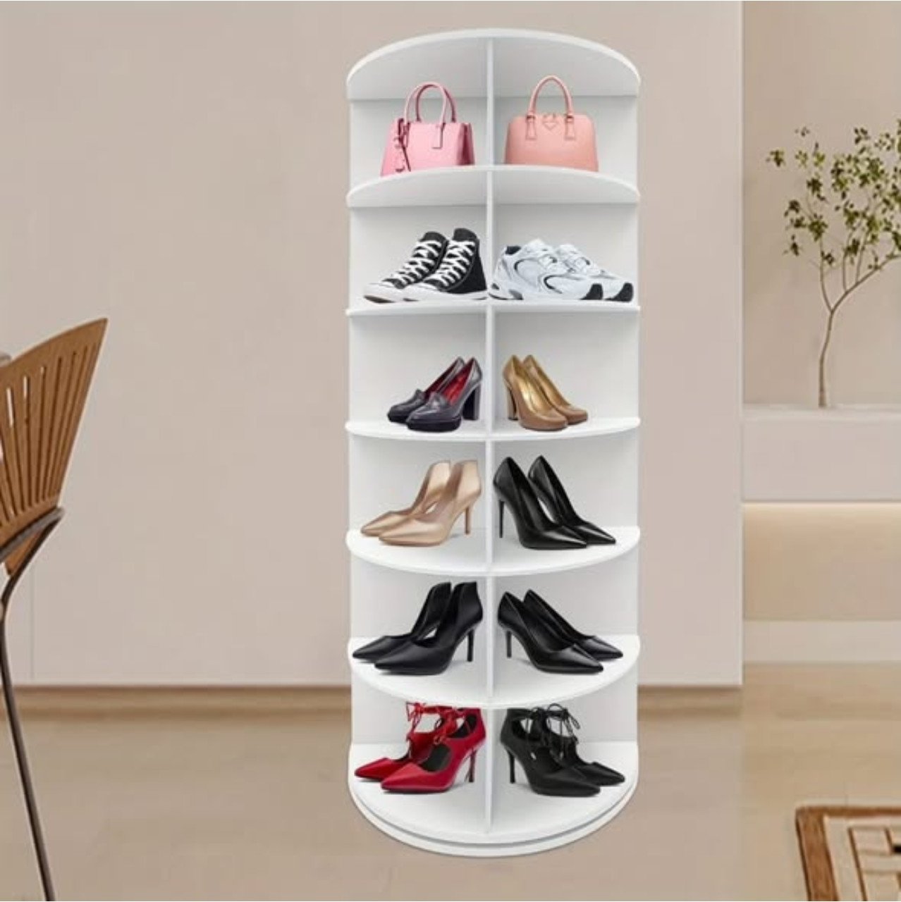Smart Intelligent Full-Height 360 Degree 7 Layer Rotating Wood Shoe Rack