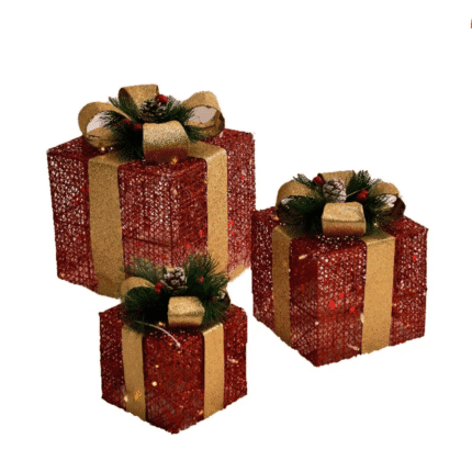 3pc Set Red Christmas Lighted Gift Boxes