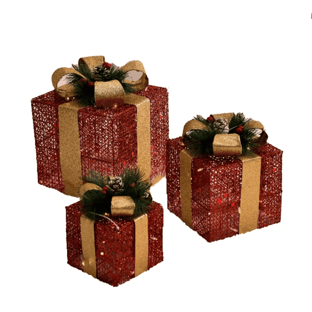 3pc Set Red Christmas Lighted Gift Boxes