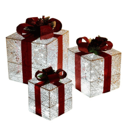 3pc Set Silver Christmas Lighted Gift Boxes