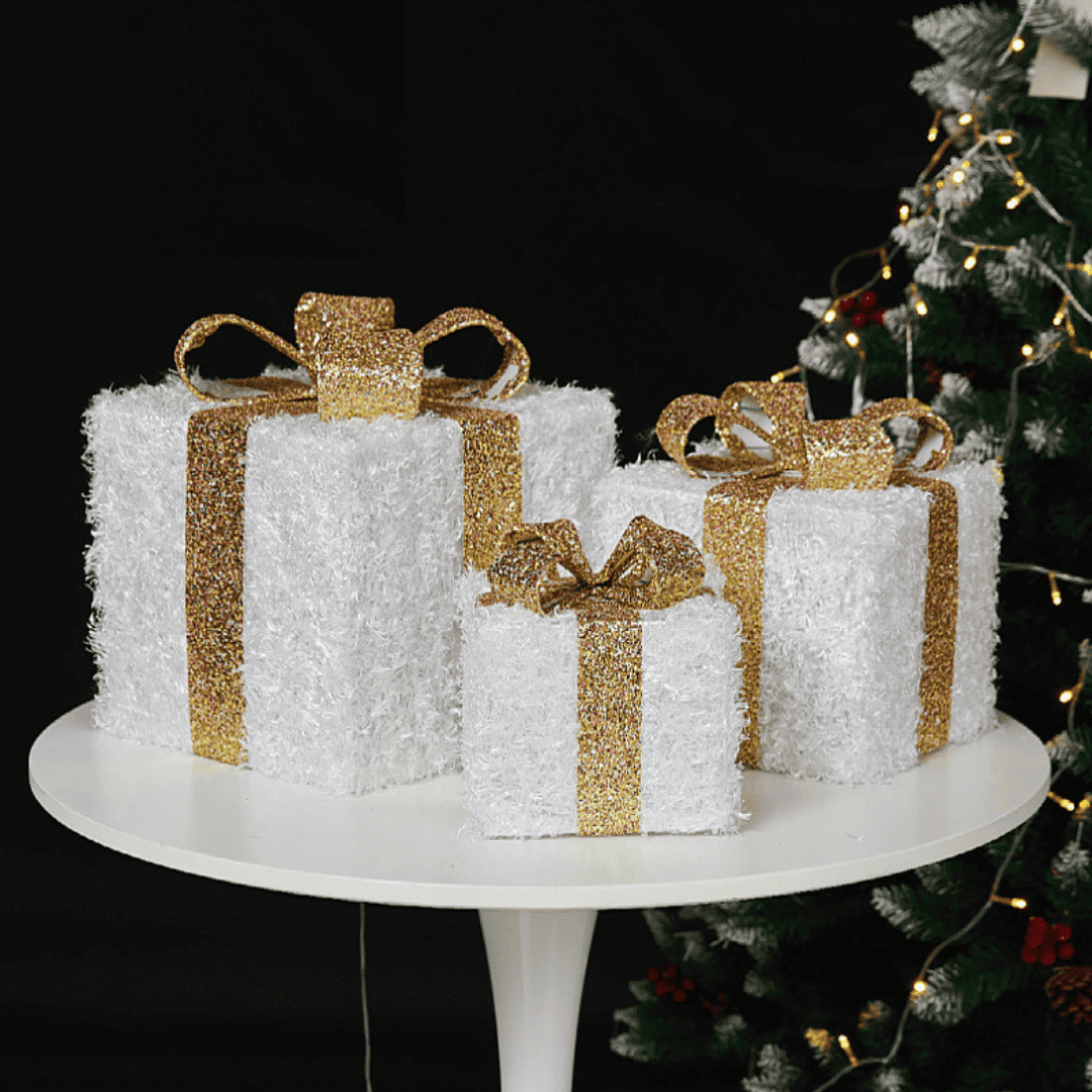 3pc Set White Christmas Lighted Gift Boxes