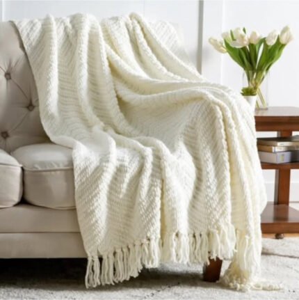 Textured Knitted Heavy Throw Blanket With Tassels