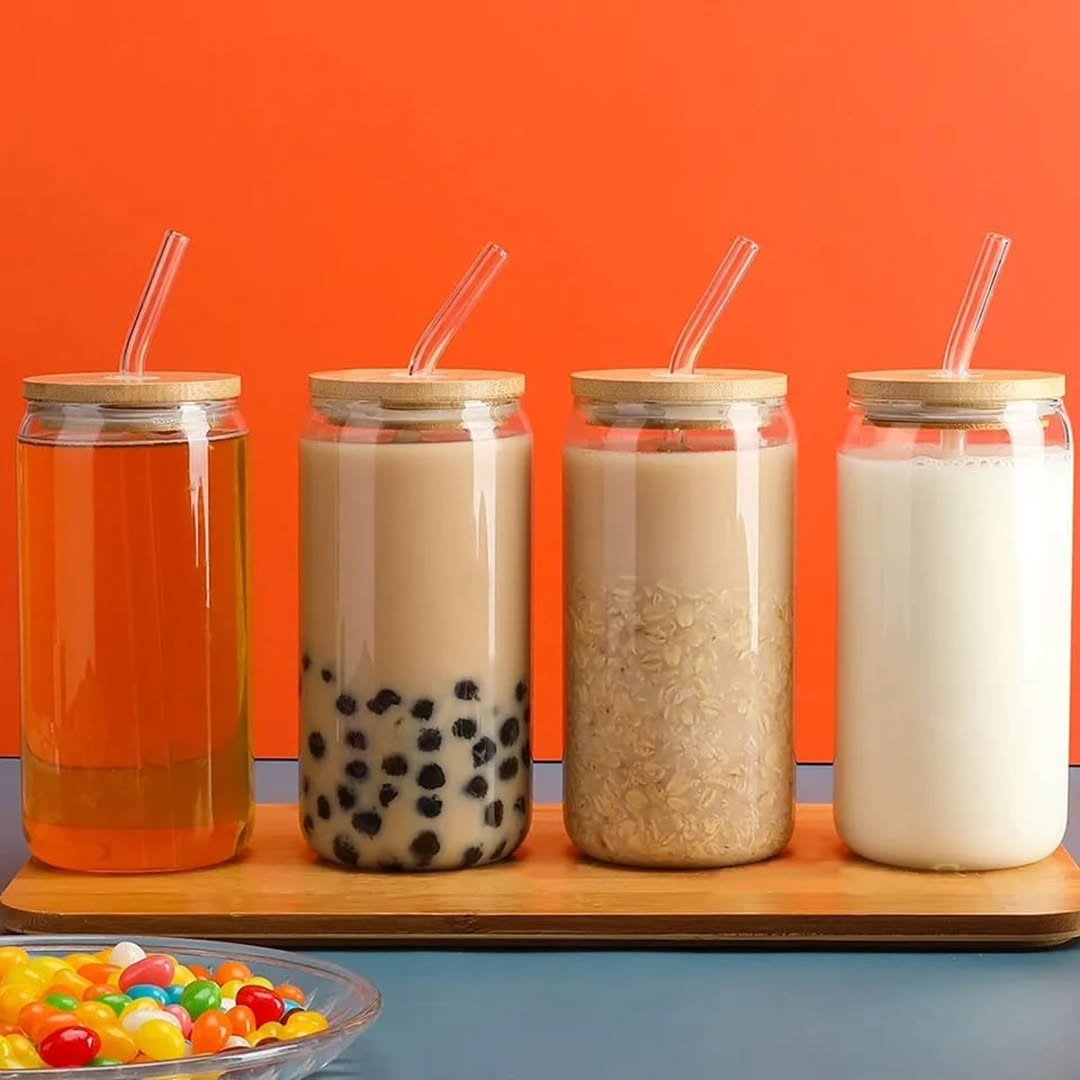 500ml Glass Cup With Lid and Straw