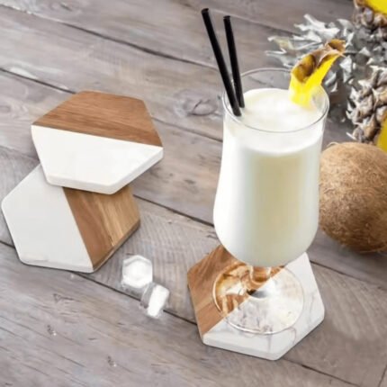 Set of 6 marble and wood Hexagon Coasters