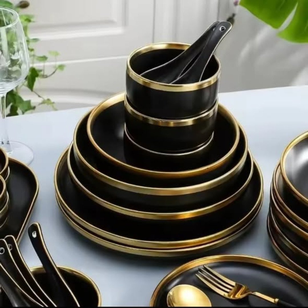 24pc Ceramic Golden Black Dinner Set