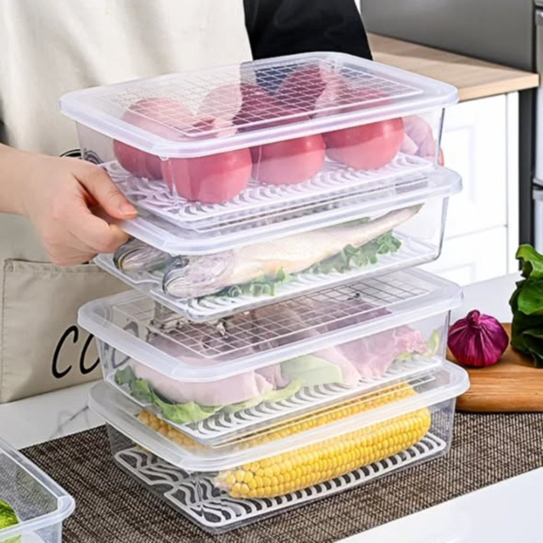 Stackable fridge storage box with drain plate