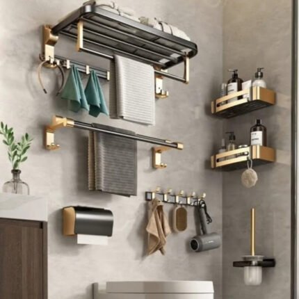7pcs Gold Multifunctional Aluminum Bath Towel Storage Rack Set