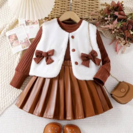 3pc quality girls pleated leather skirt set