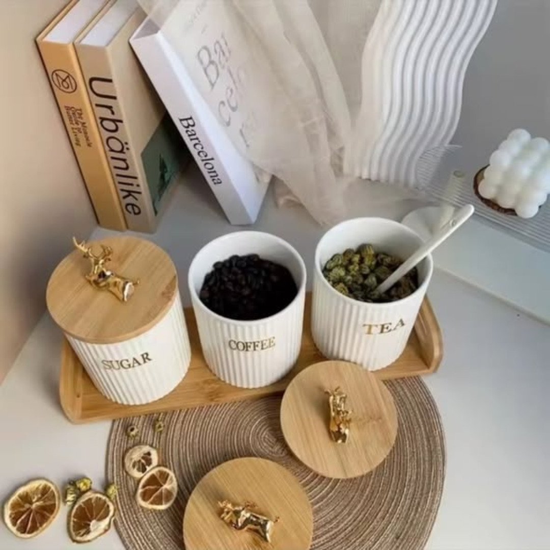 3pcs Ribbed Tea Coffee and Sugar Canisters