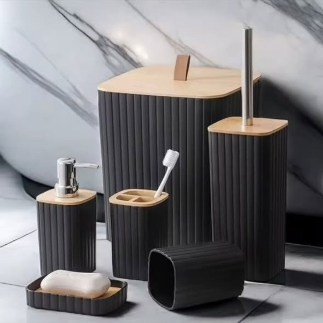 6 in 1 Bathroom Accessories Set with Wooden Top