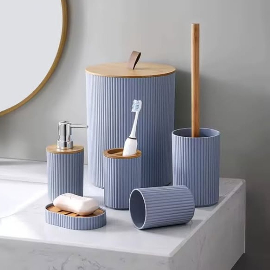 6 in 1 Bathroom Accessories Set with Wooden Top