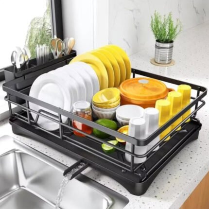Single layer carbon metal dish rack with cutlery holder