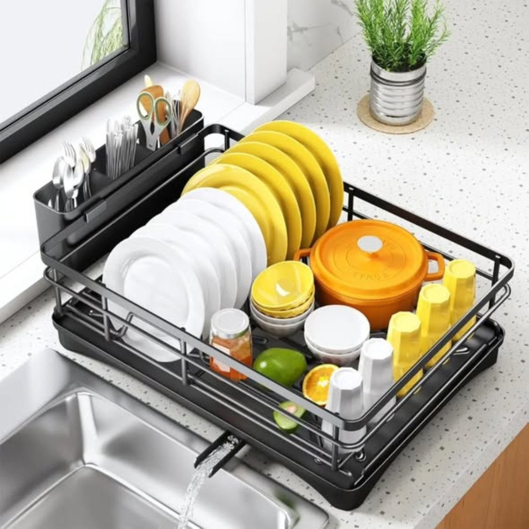 Single layer carbon metal dish rack with cutlery holder