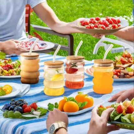 Beehive Pattern Glass Tumbler with Bamboo Lid