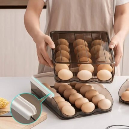 2 Layer Stackable Automatic Rolling Fridge Egg Organizer