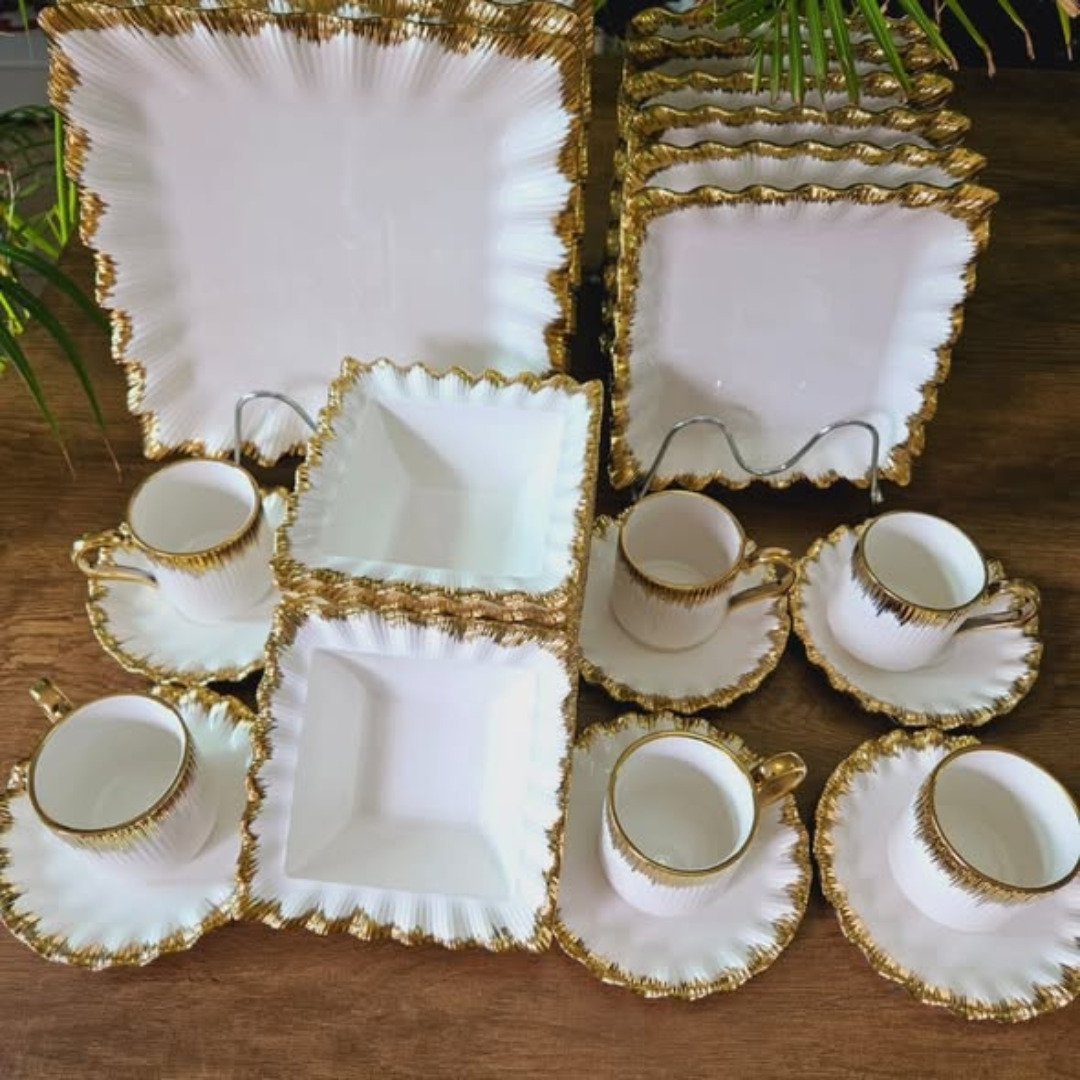 30pcs ceramic squared dinner set with gold rim