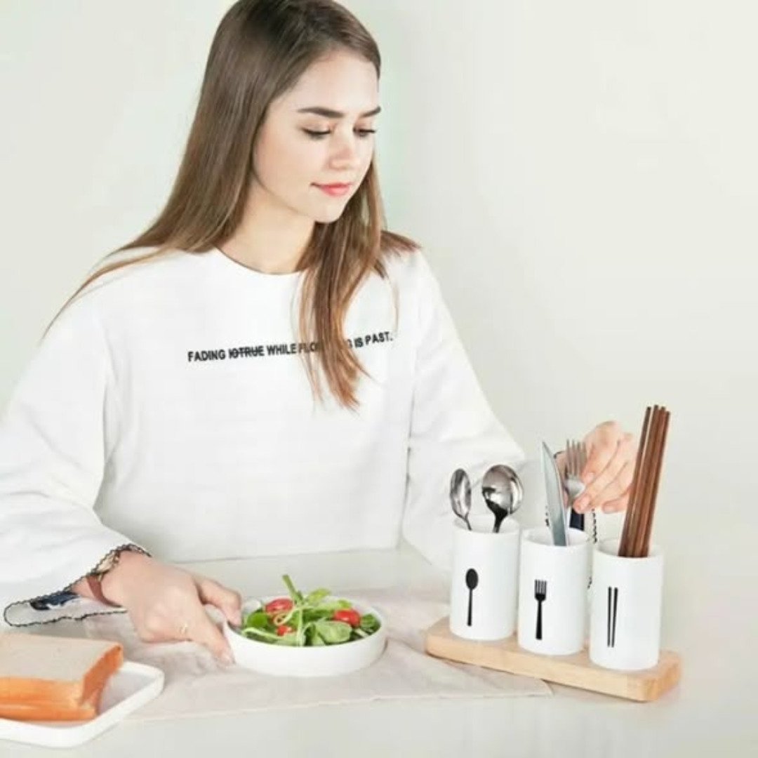 3pc Cutlery Organizer with Oak Base