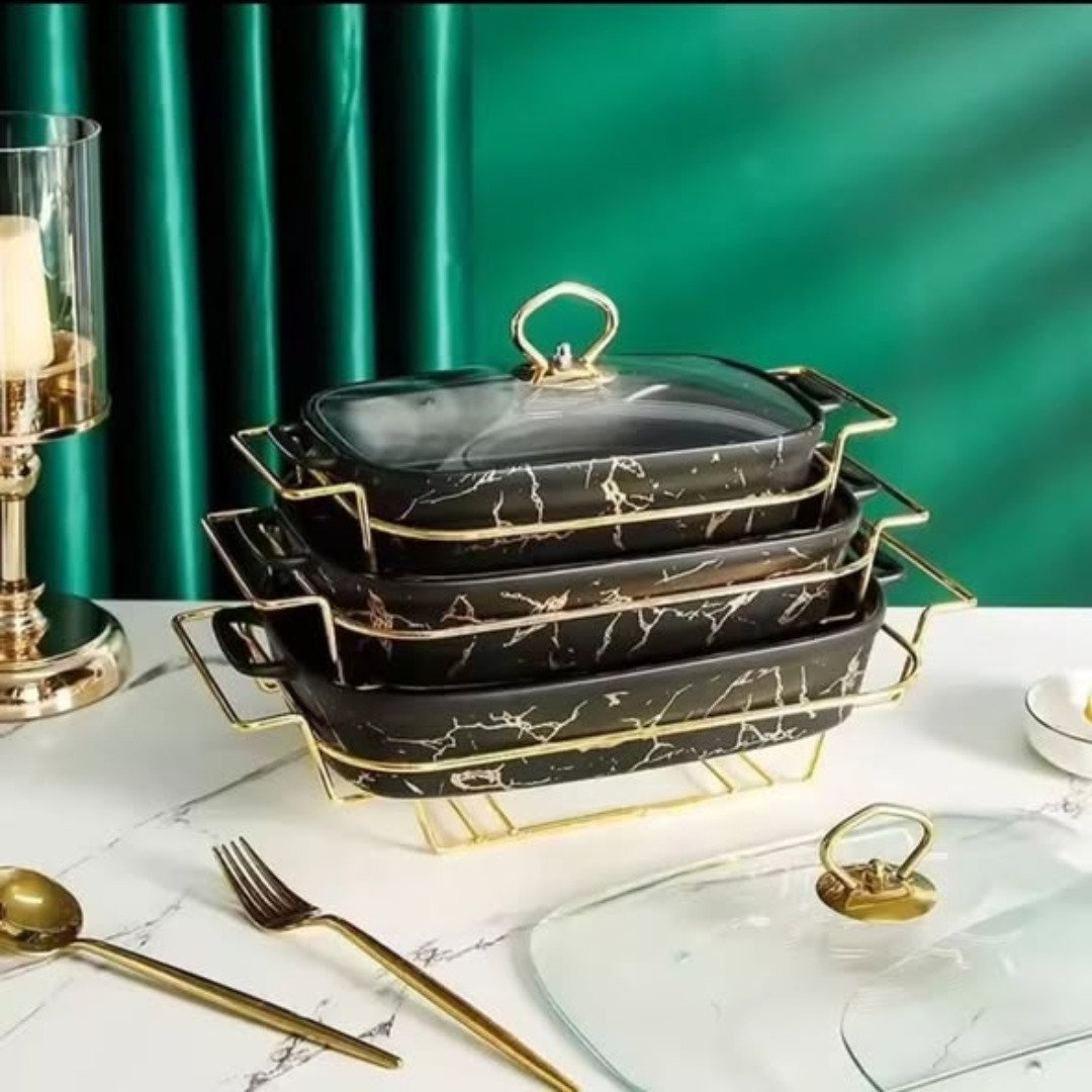 3pcs Black Gold Ceramic Chaffing Dish