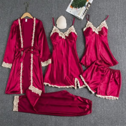 Maroon - 5 in 1 quality silk pajama lingerie sleepwear set