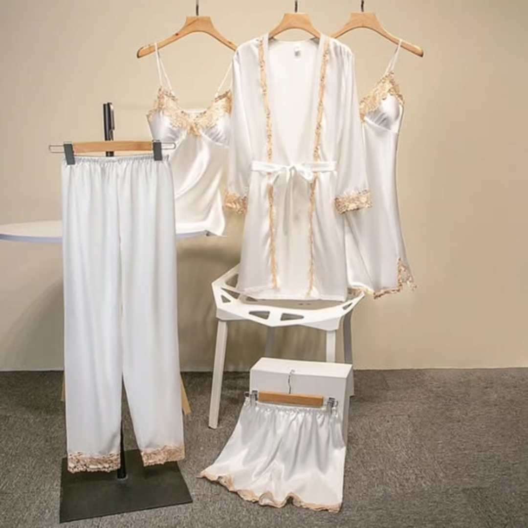 White - 5 in 1 quality silk pajama lingerie sleepwear set