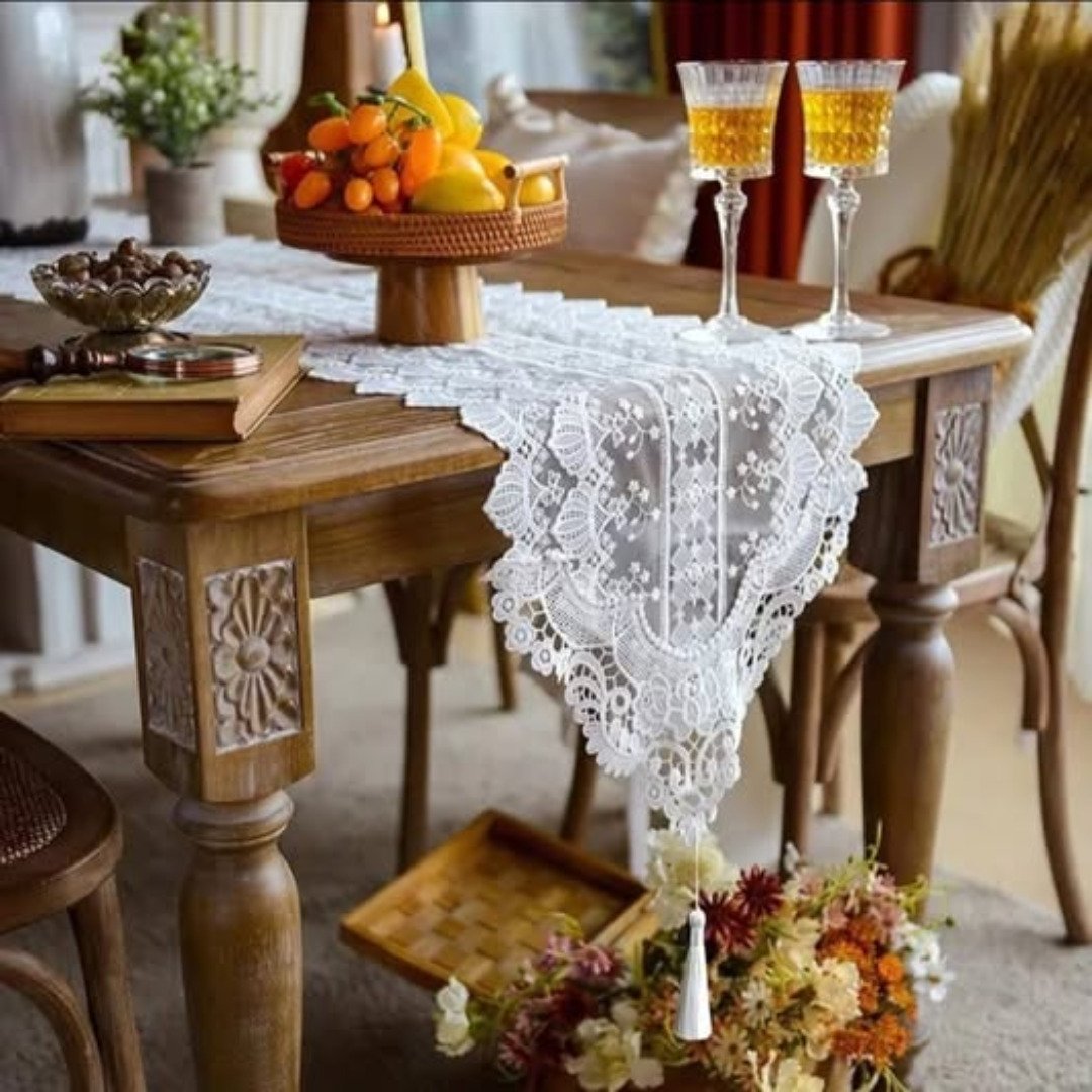 Modern Beige lace Handmade Embroided Table Runner